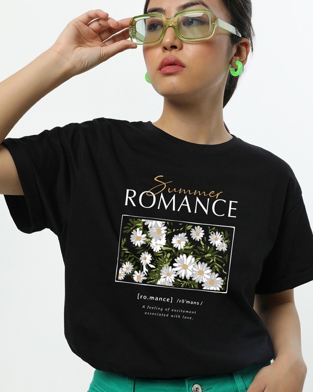 Shop Women's Black Summer Romance Graphic Printed Boyfriend T-shirt-Front