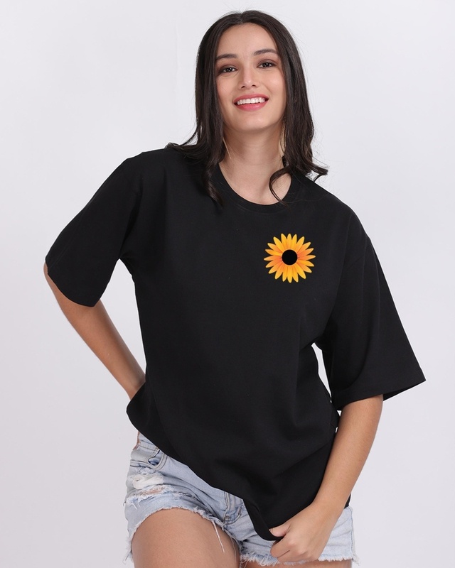 Women's Black Sunflower Graphic Printed Oversized T-shirt