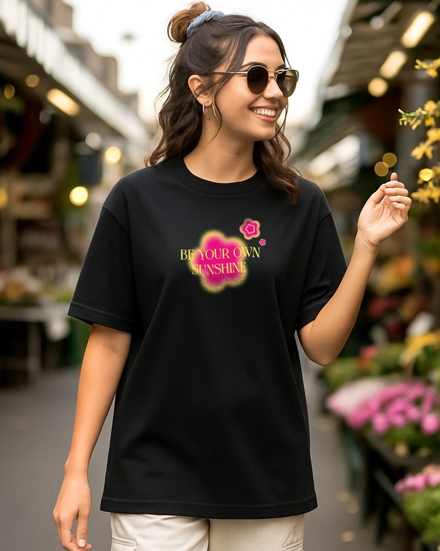 Women's Black Sunshine Graphic Printed Oversized T-shirt-Front Bewakoof Shop Women's Black Sunshine Graphic Printed Oversized T-shirt-Front