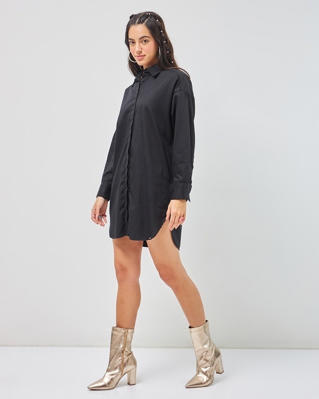 Shop Women's Black Super Loose Fit Shirt Dress-Front