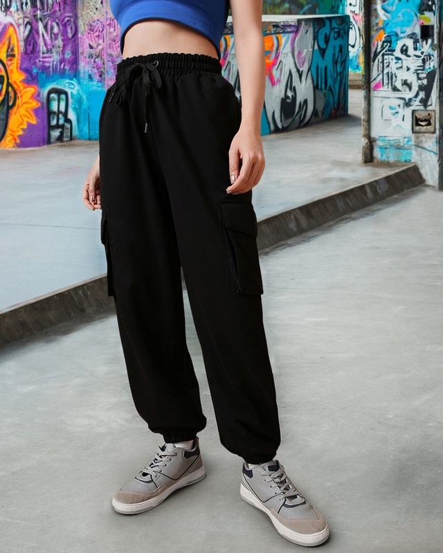 Shop Women's Black Super Loose Fit Cargo Joggers-Front