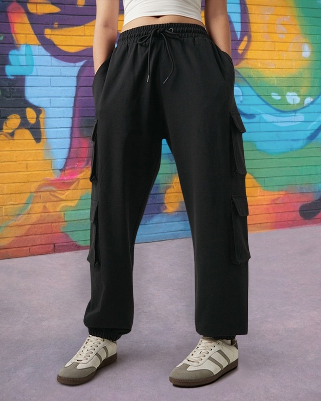 Shop Women's Black Super Loose Fit Cargo Joggers-Front