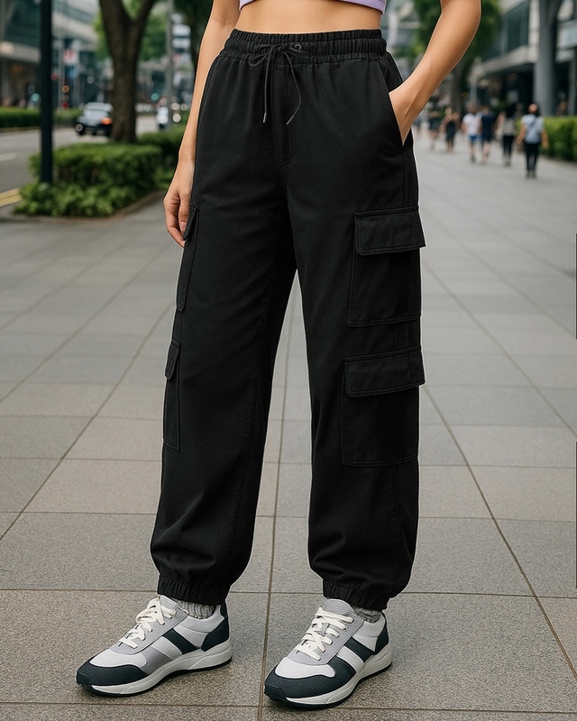 Shop Women's Black Super Loose Fit Cargo Joggers-Front