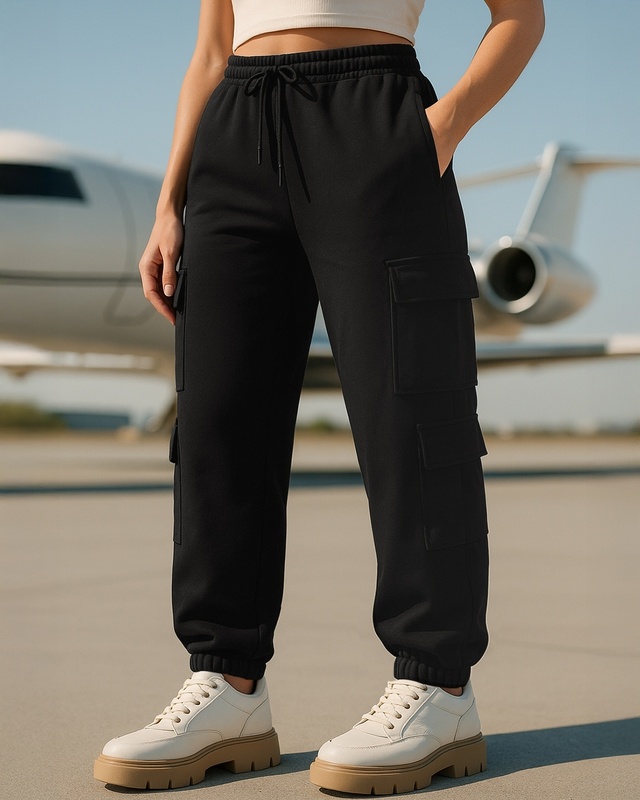 Shop Women's Black Super Loose Fit Plus Size Cargo Joggers-Front