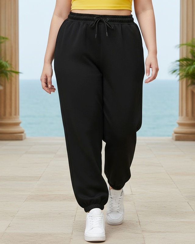 Shop Women's Black Super Loose Fit Plus Size Joggers-Front