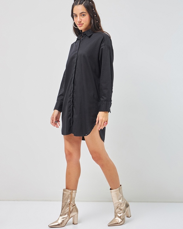 Women's Black Super Loose Fit Shirt Dress