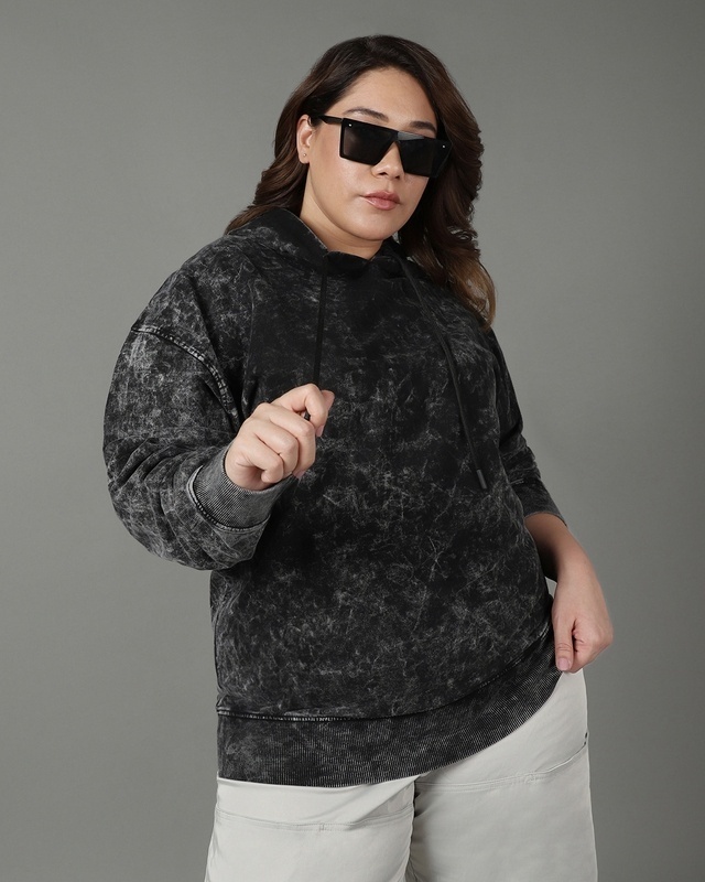 Shop Women's Black Textured Oversized Plus Size Hoodies-Front