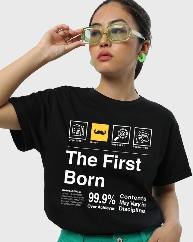 Shop Women's Black The First Born Typography Boyfriend T-shirt-Front
