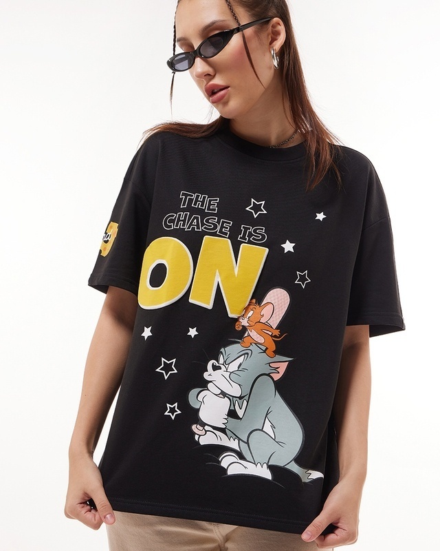 Shop Women's Black Tom & Jerry Graphic Printed Oversized T-shirt-Front