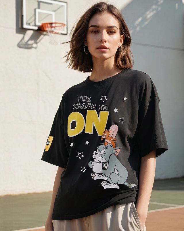 Shop Women's Black Tom & Jerry Graphic Printed Oversized T-shirt-Front