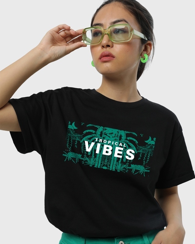 Shop Women's Black Tropical Vibes Graphic Printed Boyfriend T-shirt-Front