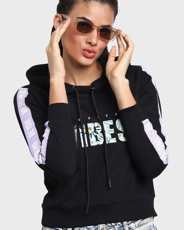 Shop Women's Black Tropical Vibes Graphic Printed Hoodies-Front
