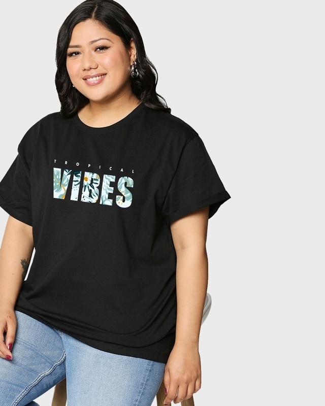 Shop Women's Black Tropical Vibes Graphic Printed Plus Size Boyfriend T-shirt-Front