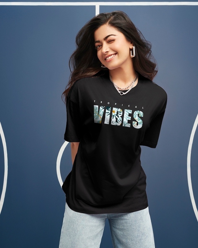 Shop Women's Black Tropical Vibes Typography Oversized T-shirt-Front