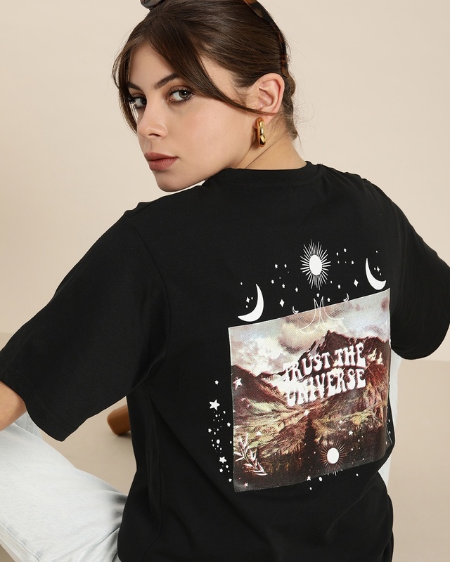 Shop Women's Black Trust The Universe Typography Oversized T-shirt-Front