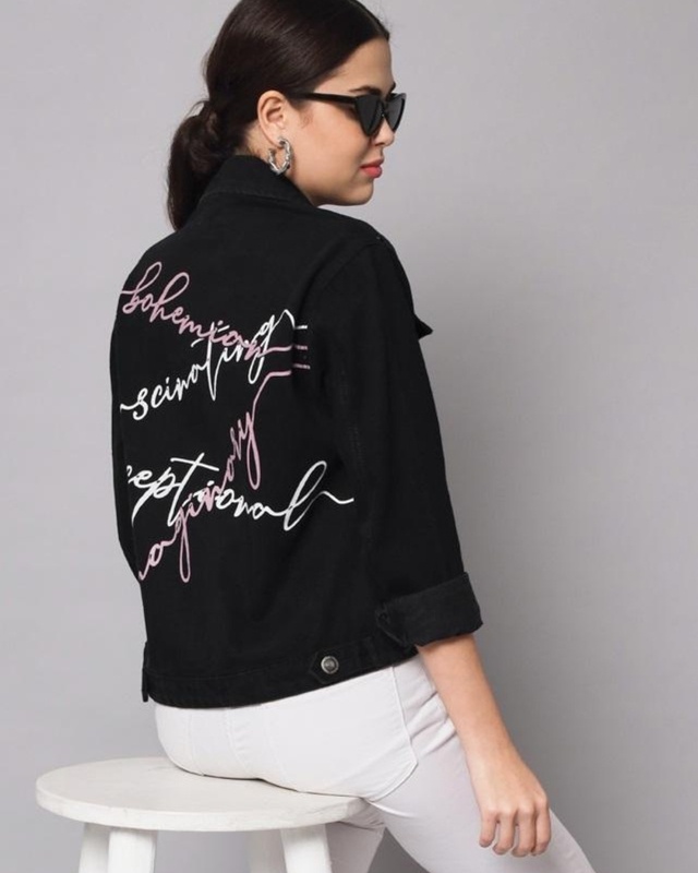 Shop Women's Black Typography Denim Jacket-Front