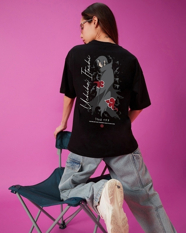 Shop Women's Black Uchiha's Nightmare Graphic Printed Oversized T-shirt-Front