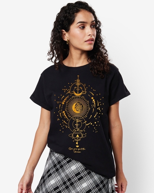 Shop Women's Black Universe Listens Graphic Printed Boyfriend T-shirt-Front