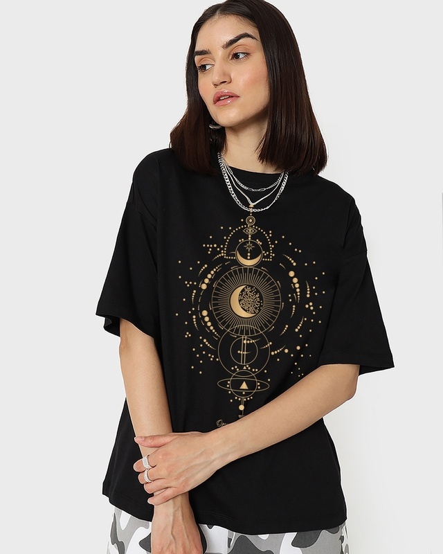 Shop Women's Black Universe Listens Graphic Printed Oversized T-shirt-Front