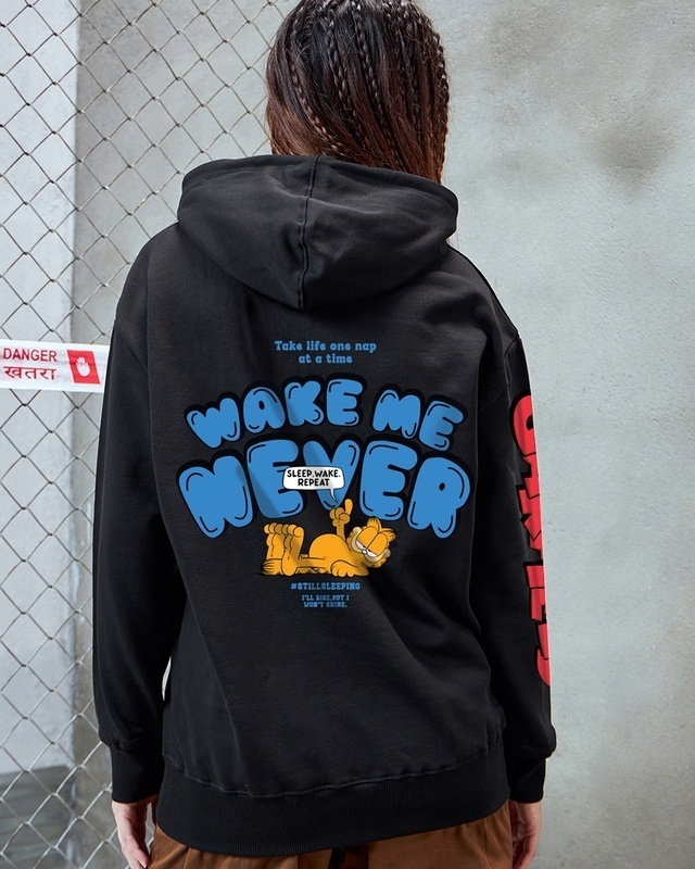 Shop Women's Black Wake Me Never Graphic Printed Oversized Hoodies-Front