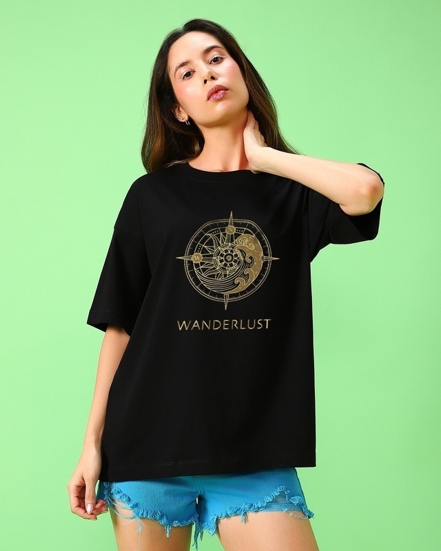Shop Women's Black Wanderlust Graphic Printed Oversized T-shirt-Front