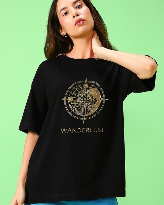 Shop Women's Black Wanderlust Graphic Printed Oversized T-shirt-Front