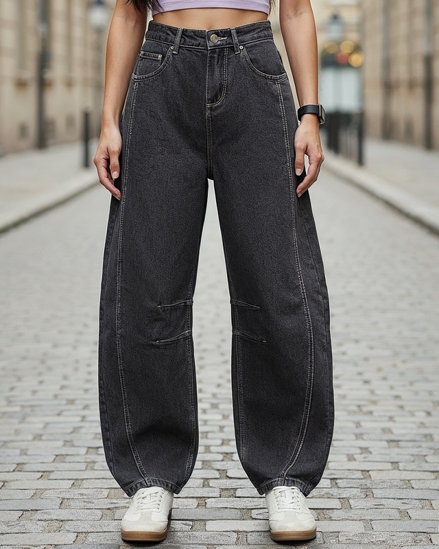 Shop Women's Black Washed Barrel Fit Jeans-Front
