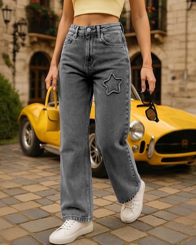 Shop Women's Black Washed Straight Fit Distressed Jeans-Front