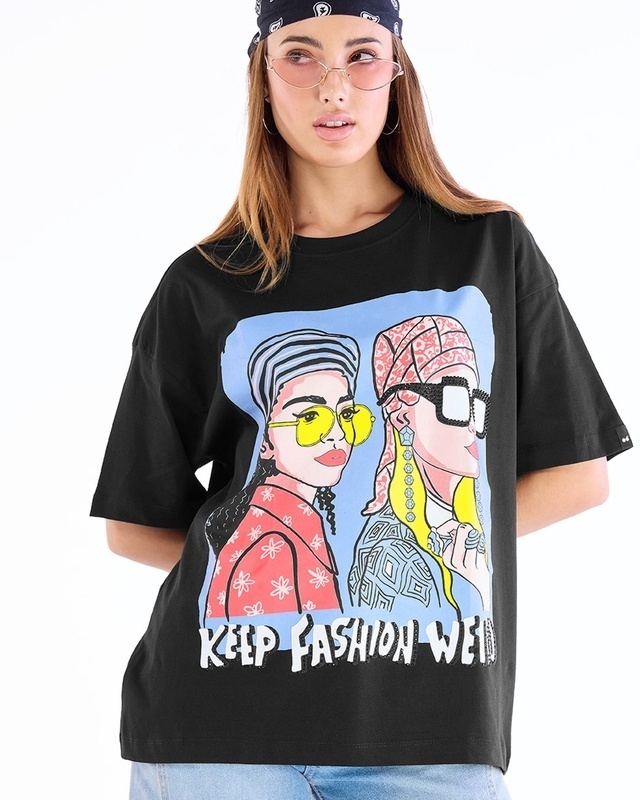 Women's Black Weird Fashion Graphic Printed Oversized T-shirt