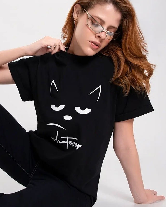Shop Women's Black Whatever Cat Graphic Printed Boyfriend T-shirt-Front