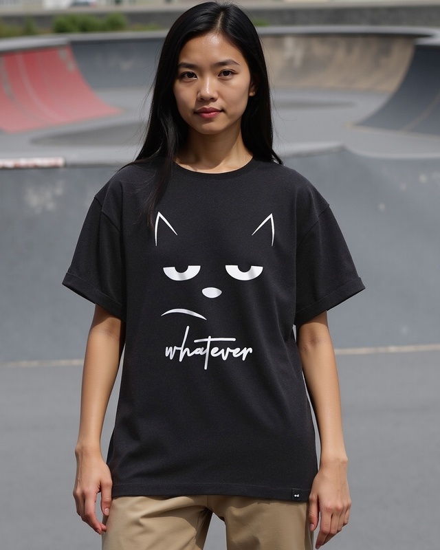 Shop Women's Black Whatever Cat Graphic Printed Boyfriend T-shirt-Front