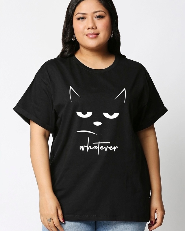 Shop Women's Black Whatever Cat Graphic Printed Plus Size Boyfriend T-shirt-Front