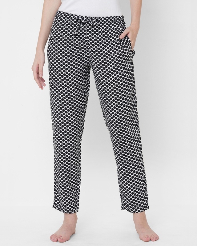 Shop Women's Black & White All Over Polka Printed Lounge Pants-Front