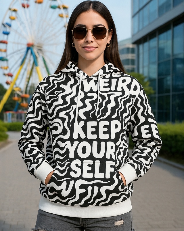 Shop Women's Black & White All Over Printed Oversized Hoodies-Front