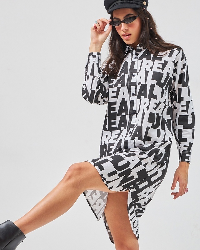 Shop Women's Black & White All Over Printed Oversized Shirt Dress-Front