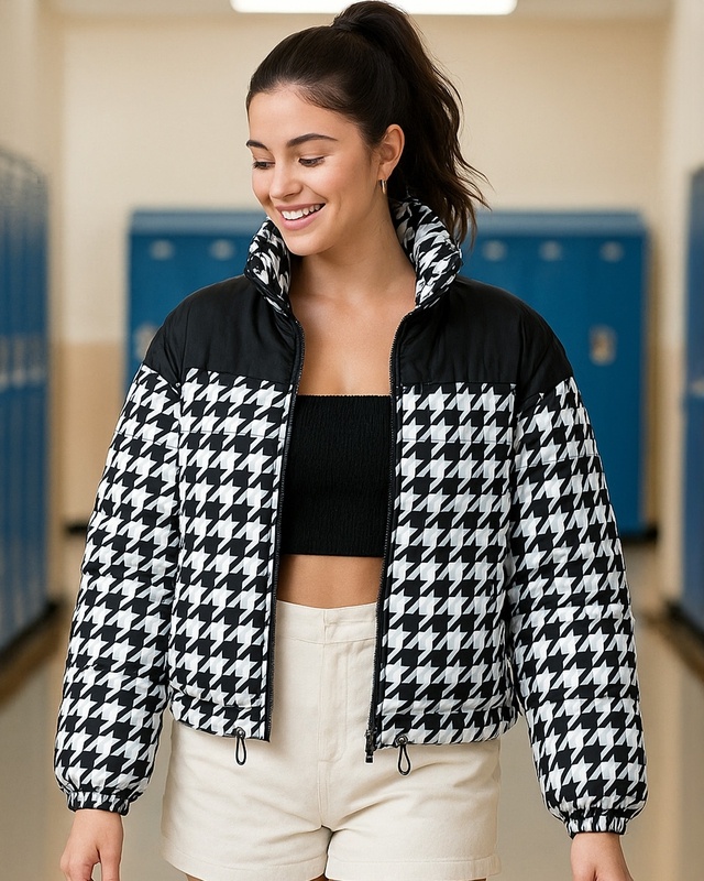 Shop Women's Black & White All Over Printed Oversized Zipper Puffer Jacket-Front