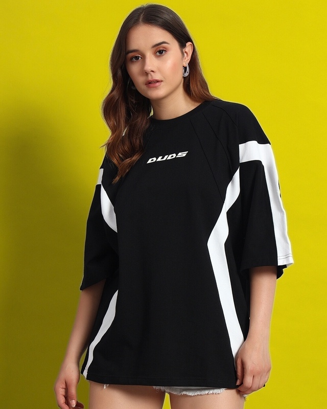 Women's Black & White Color Block Oversized T-shirt