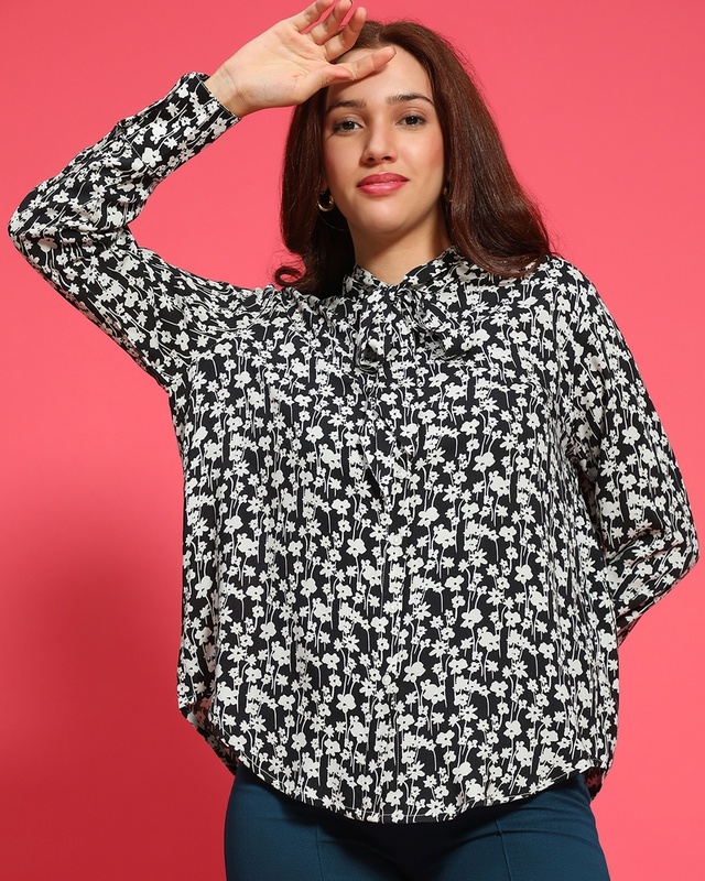 Women's Black & White Floral Printed Top