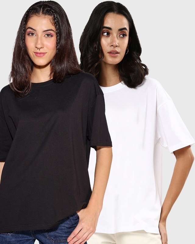 Shop Women's Black & White Oversized T-shirt (Pack of 2)-Front