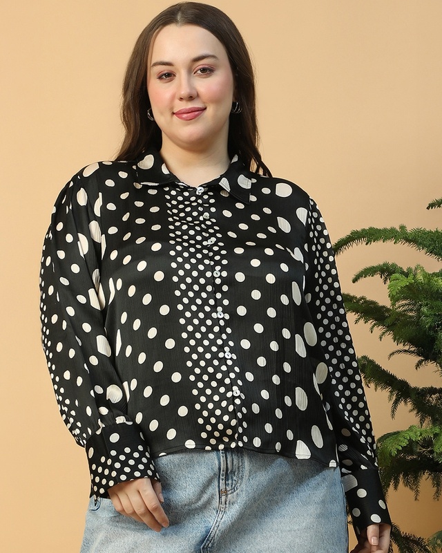 Shop Women's Black & White Polka Printed Plus Size Shirt-Front