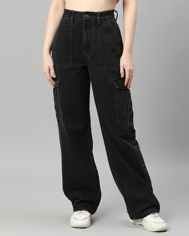 Shop Women's Black Wide Leg Cargo Jeans-Front