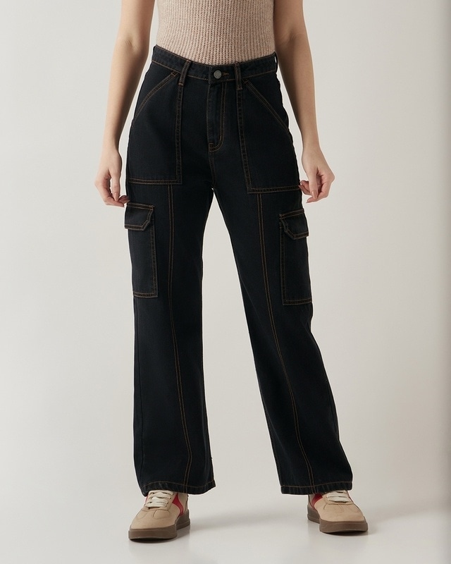 Shop Women's Black Wide Leg Cargo Jeans-Front