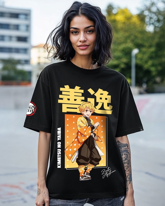 Shop Women's Black Zenitsu Agatsuma Graphic Printed Oversized T-shirt-Front