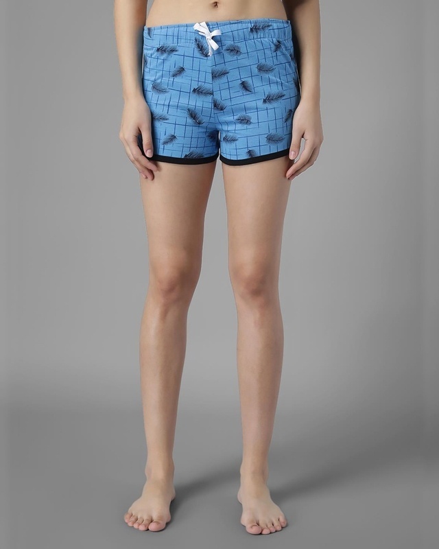 Shop Women's Blue All Over Feather Printed Lounge Shorts-Front