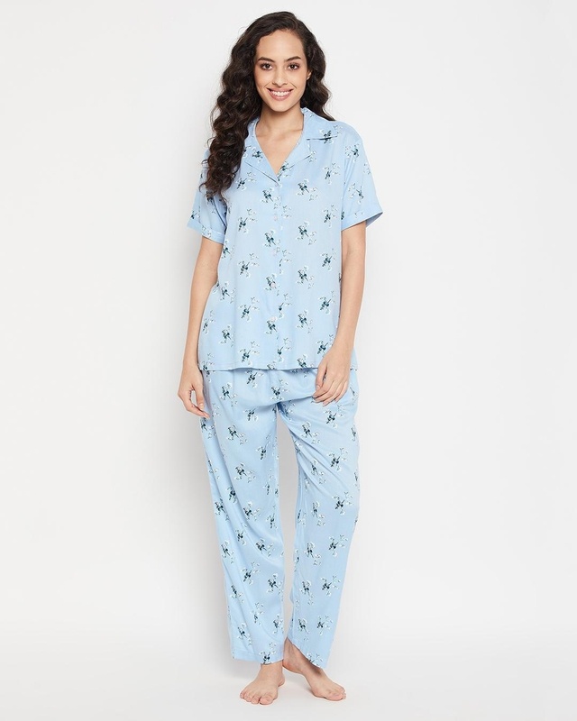 Shop Women's Blue All Over Floral Printed Nightsuit-Front