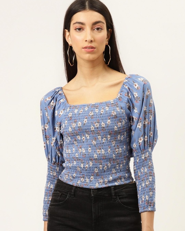 Shop Women's Blue All Over Floral Printed Slim Fit Crop Top-Front