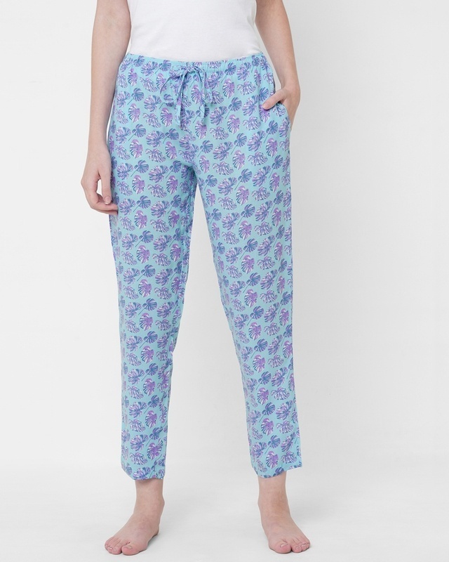 Shop Women's Blue All Over Leaf Printed Lounge Pants-Front