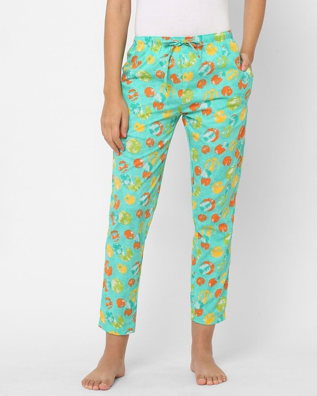 Shop Women's Blue All Over Printed Cotton Lounge Pants-Front