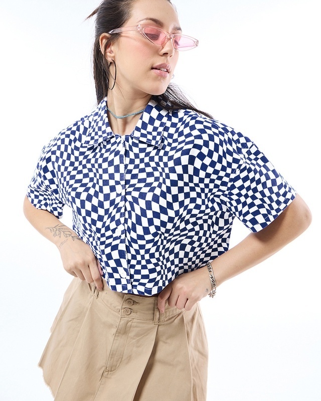 Shop Women's Blue & White All Over Printed Oversized Crop Shirt-Front