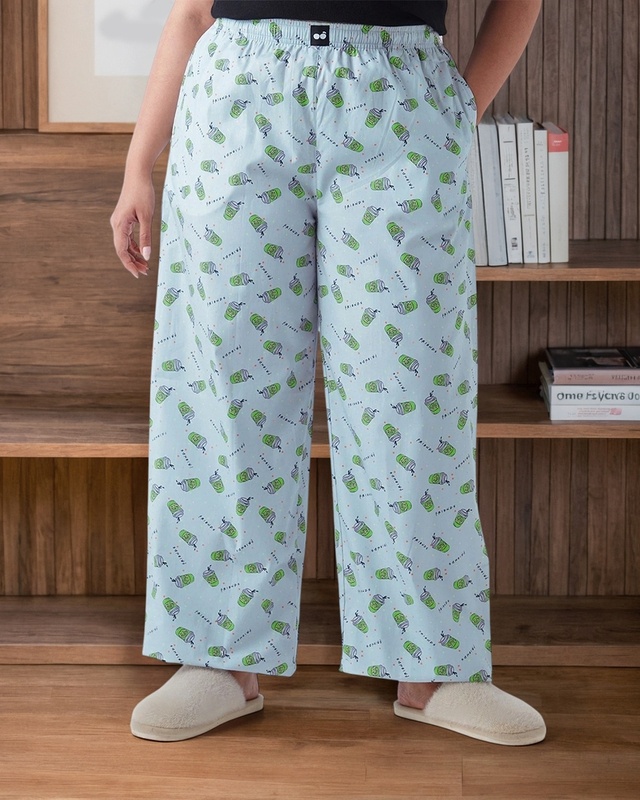 Shop Women's Blue All Over Printed Plus Size Wide Leg Pyjamas-Front